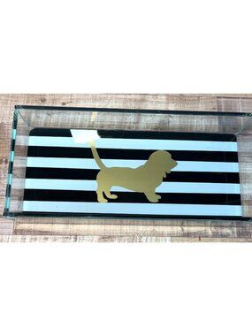 Gold Dog Silhouette Glass Tray Black & White Stripe Decorative Storage Organizer